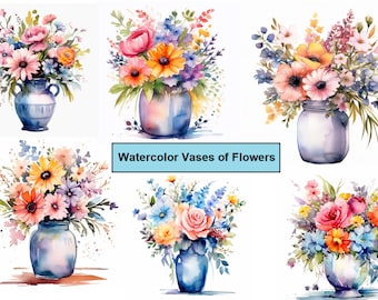 Watercolor Flower Vase Clipart: Floral Bouquet PNG (Commercial Use)