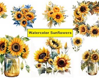 Watercolor Sunflower Clipart: Autumn Floral Bouquets (PNG Digital Download)