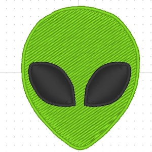May include: A green alien face with large black oval eyes. The alien's head is an oval shape with a textured, stitched appearance. The eyes are solid black and take up a significant portion of the face.