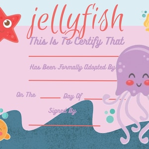 Jellyfish Adoption Certificate, Adopt A Jellyfish, Instant Download, Printable, Print Your Own. Gift Certifcate, Gift, Parties, Party