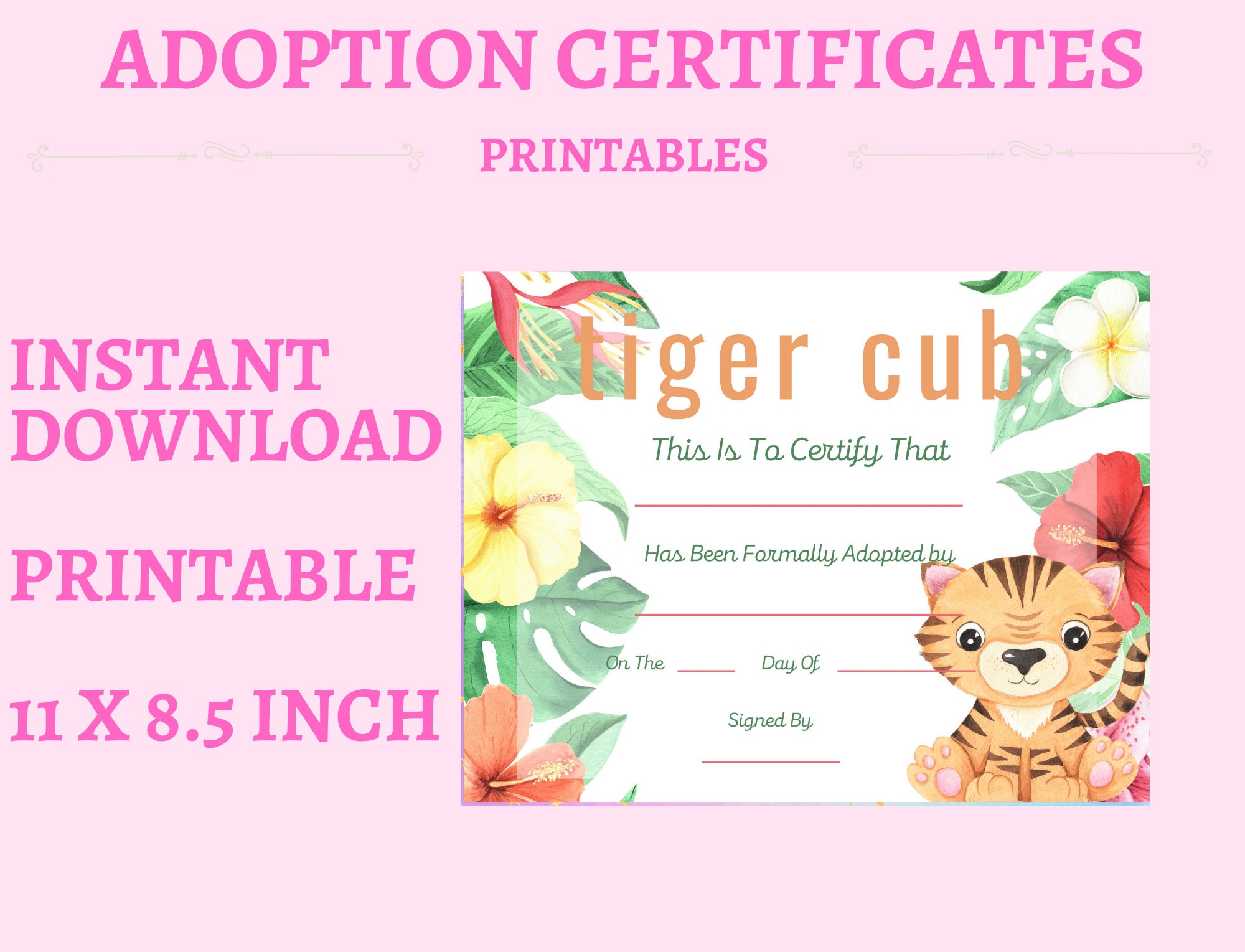 Tiger Cub Adoption Certificate, Adopt A Tiger Cub, Instant Download
