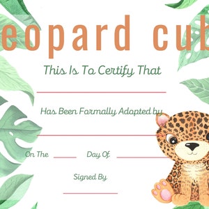 Leopard Cub Adoption Certificate, Adopt A Leopard Cub, Instant Download, Printable, Print Your Own,Gift Certificate, Gift, Parties, Party