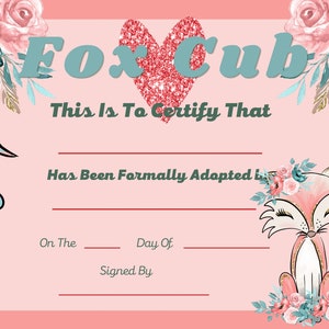 Fox Cub Adoption Certificate, Adopt A Fox Cub, Instant Download, Printable, Print Your Own. Gift Certifcate, Gift, Parties, Party, Events