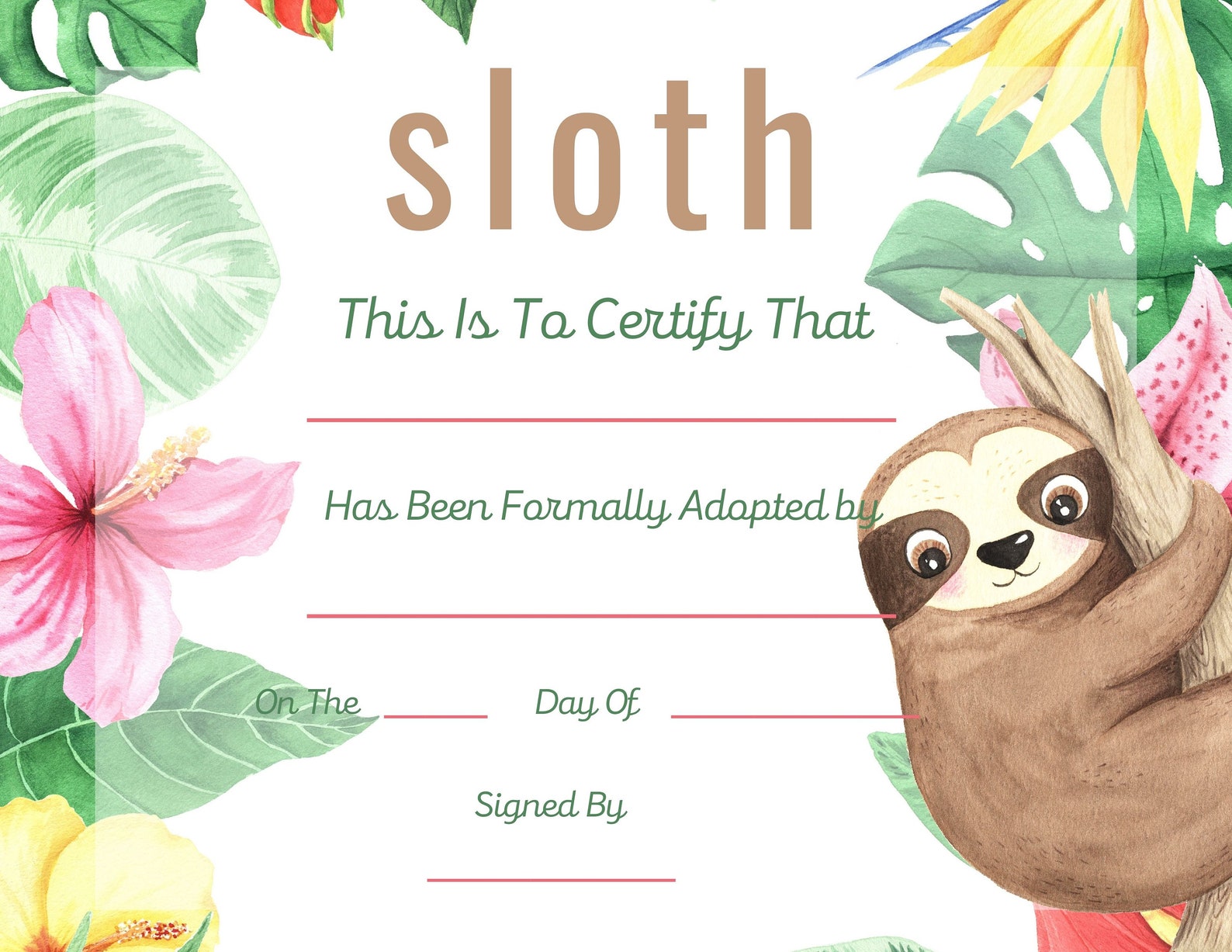 Sloth Adoption Certificate, Adopt A Sloth, Instant Download, Printable