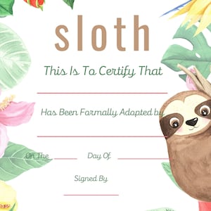 Sloth Adoption Certificate, Adopt A Sloth, Instant Download, Printable, Print Your Own,Gift Certificate, Gift, Parties, Party
