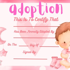 Meisje herboren pop adoptiecertificaat, herboren adoptie, Instant Download, afdrukbaar, print je eigen cadeaubon, cadeau, feesten, feest