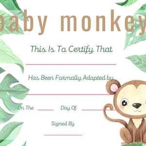 Baby Monkey Adoption Certificate, Adopt A Baby Monkey, Instant Download, Printable, Print Your Own,Gift Certificate, Gift, Parties, Party