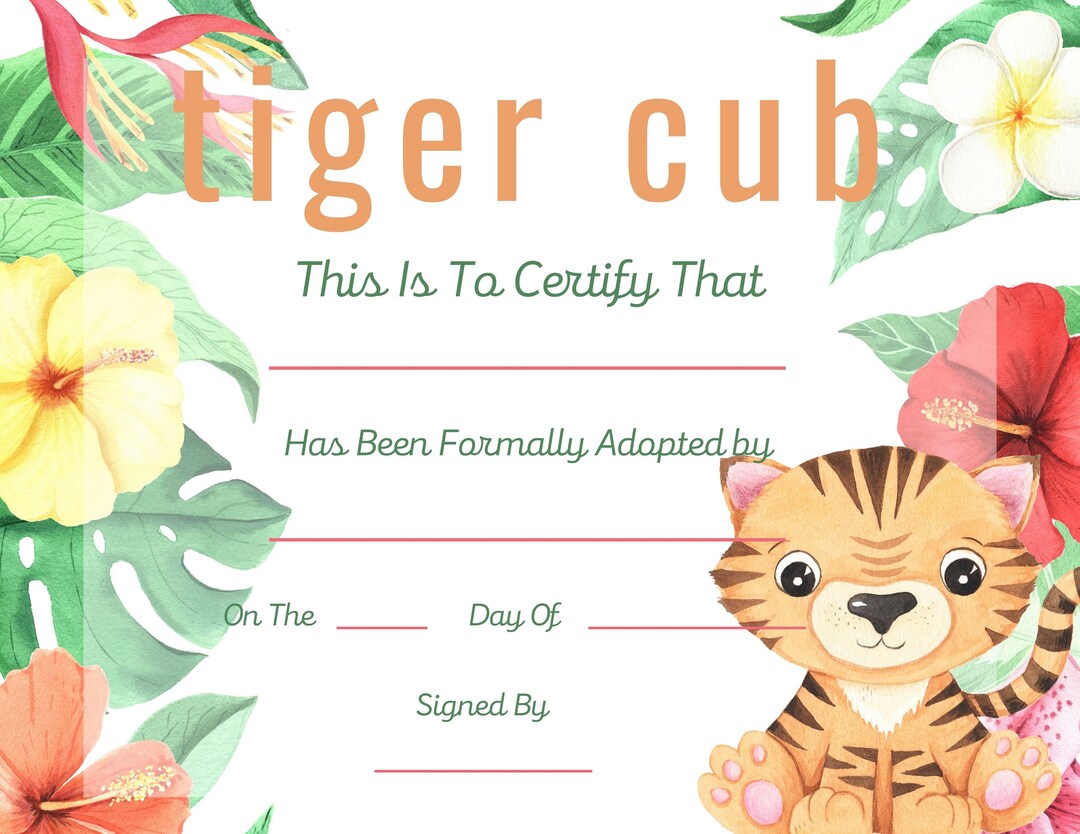 Tiger Cub Adoption Certificate Adopt A Tiger Cub Instant Etsy