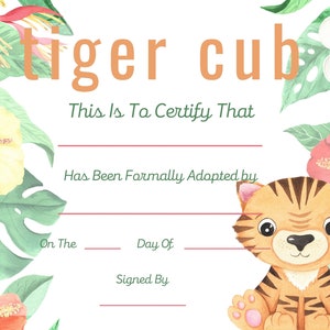 Tiger Cub Adoption Certificate, Adopt A Tiger Cub, Instant Download, Printable, Print Your Own,Gift Certificate, Gift, Parties, Party