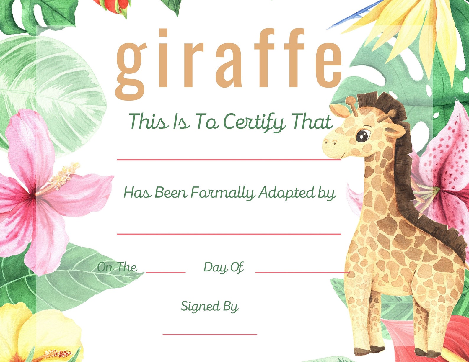 Giraffe Adoption Certificate Adopt A Giraffe Instant Etsy UK