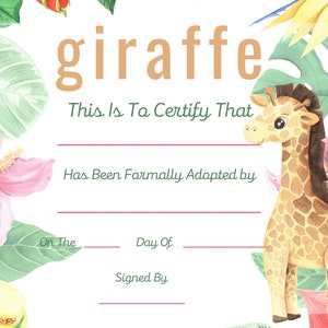 Giraffe Adoption Certificate, Adopt A Giraffe, Instant Download, Printable, Print Your Own,Gift Certificate, Gift, Parties, Party
