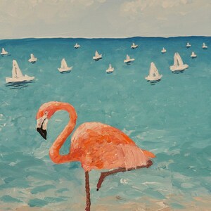 Flamingo Beach, 8x10 Acrylic on Canvas Panel Orange Flamingo & Sailboats Painting