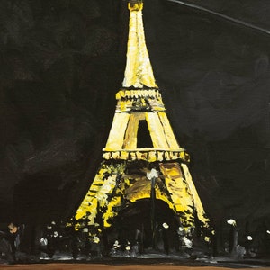 Paris France Tour Eiffel Peinture, 8x10 Acrylique sur Panneau de Toile, « Minuit à Paris »