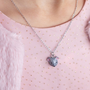 Mini Gray Mouse Pendant Necklace: Polymer Clay Rodent Jewelry