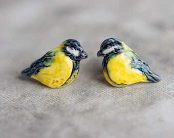 Animal Wildlife Nature Gift Bird Wooden Bluetit Stud Earrings