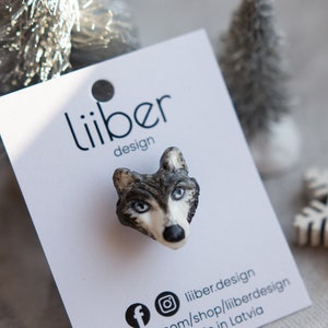 Handmade Grey Wolf Brooch: Polymer Clay Husky Pin