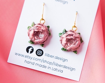 Pink peony earrings/ Floral realistic flower studs/ Botanical Summer peonies jewelry/ Girl Nature gift/ Romantic wedding present