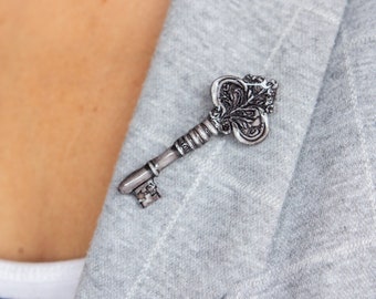 Vintage Key Brooch, Antique Silver Key Pin, Handmade Polymer Clay Brooch, Victorian Key Jewelry, Gothic Gift, Dark Academia