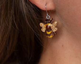 Bee Dangle Earrings, Bumble Bee Earrings, Handmade Bee Jewelry, Hypoallergenic Nature Earrings, Cute Insect Gift for Her