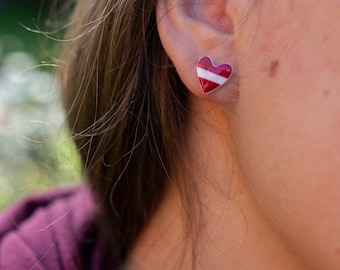 Latvian Flag Heart Earrings – Handmade Polymer Clay Red & White Studs, Latvia Souvenir, National Symbol, Independence Day Gift