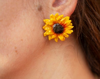 Sunflower Stud Earrings, Handmade Flower Earrings, Yellow Botanical Jewelry, Cottagecore Gift, Nature Lover Gift