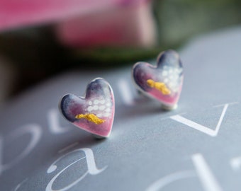 Abstract heart earrings/  Engagement, wedding studs/ Modern art gift/ Contemporary small earring/ Abstract painting Valentines present