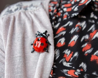 Lovely huge ladybug brooch/ Red beetle costume jewelry pin/ Original insect charm/ Light Lady bug polymer clay accessory/ Good Luck pins