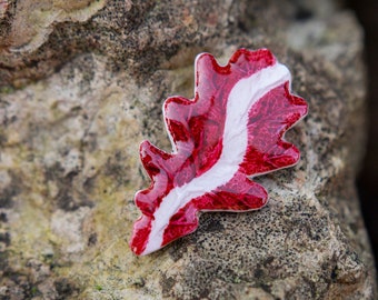 Latvian oak leaf brooch/ Latvia national souvenir for man/ Patriotic gift from Riga/ Dark red, white symbol for him/ Independence day