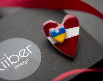 Latvia Ukraine Heart Brooch, Handmade Latvian Flag Pin, Ukraine Support Gift, Riga Souvenir, Baltic Jewelry, Gift Box Included