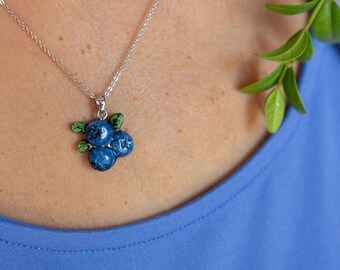Handmade Polymer Clay Blueberry Pendant Necklace: Vegan Food Jewelry