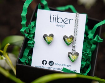 Green heart earring + necklace with pendant/ Jewelry gift set/ Wedding, engagement present/ For my sweetheart/ I love You darling