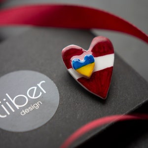 Latvian, Ukraine heart flag brooch/ Latvia patriot souvenir/ Ukraine support pin/ Gift from Riga/ Dark red, white Latvian symbol