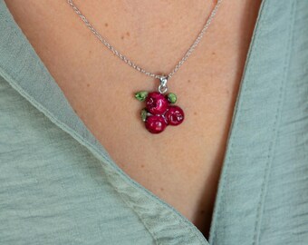 Cranberry Necklace, Lingonberry Pendant, Handmade Berry Jewelry, Polymer Clay Botanical Necklace, Nature Lover Gift