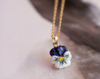 Blue Pansy Pendant Necklace – 18K Gold Filled, Handmade Floral Jewelry, Symbolic Good Luck Charm, Symbol of Love, Peace & Loyalty