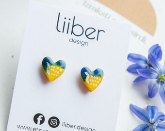 Ukraine heart earrings/ *Donates to Ukraine* / I love Ukraine/ Small earring studs/ Support Ukraine/ Stay with Ukraine jewelry/ Stop war