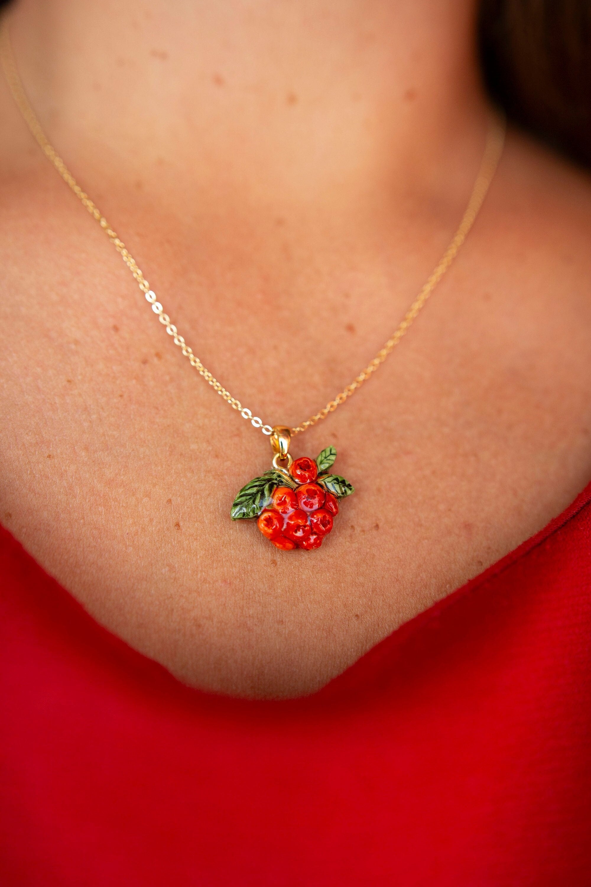Handmade rowan berry pendant with gold, silver chain/ Nature inspired jewelry/ Eco friendly berry charm/ Minimalist vegan botanical necklace