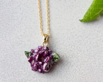 Lilac Flower Necklace, Handmade Floral Pendant Jewelry, Purple Violet Botanical Necklace, Spring Gift for Her, Romantic Nature Jewelry