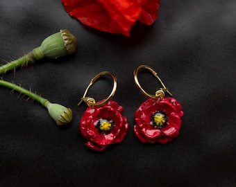 Red Poppy Huggie Hoop Earrings, 18K Gold Plated Hoop Earrings, Handmade Polymer Clay Flower Jewelry, Lightweight Floral Earrings, For Her