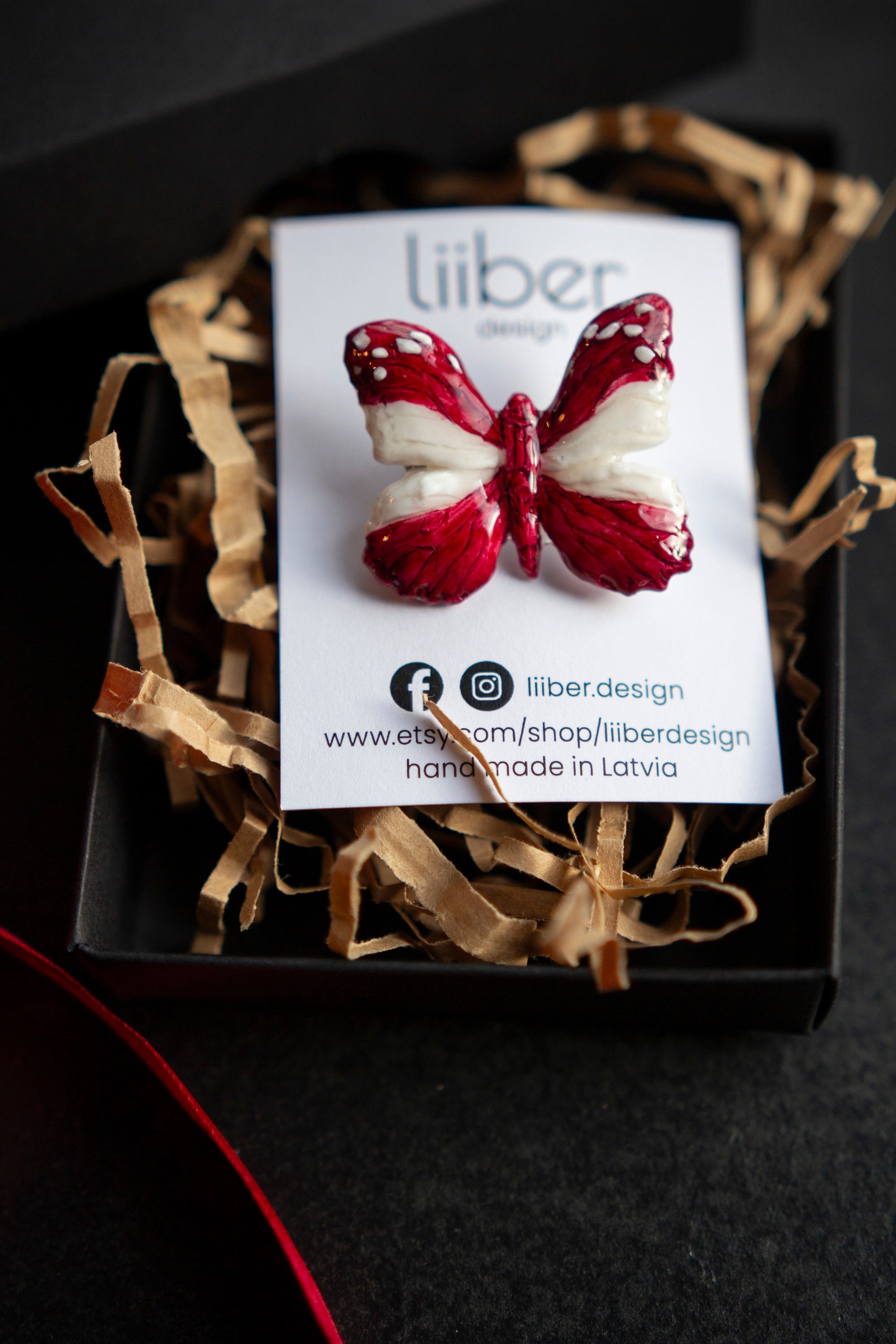 Latvian color butterfly brooch/ Souvenir from Riga, Latvia/ Patriotic dark red, white insect pin/ Independence day jewelry/ Baltic states