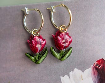 Red Tulip Earrings, Flower Huggie Hoops, Handmade Floral Earrings, Gold Hoop Earrings, Tulip Jewelry, Spring Flower Gift, Gift for Her