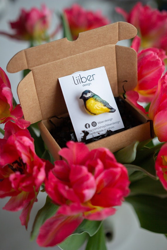 Handmade Great Tit Bird Brooch, Polymer Clay Pin, Birdwatcher Gift