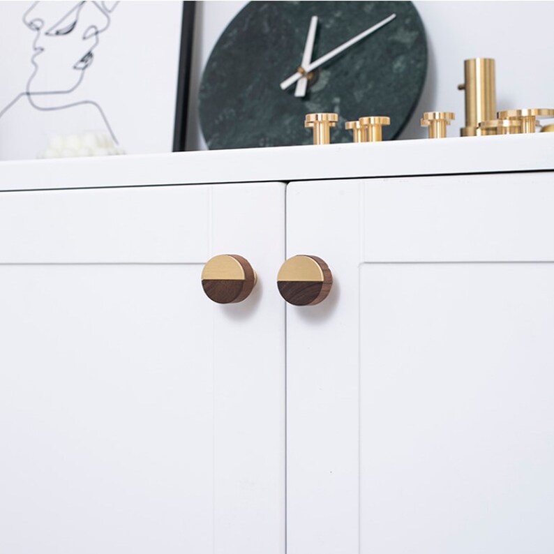 Knobs Walnut Wood and Brass Kitchen Knobs Etsy