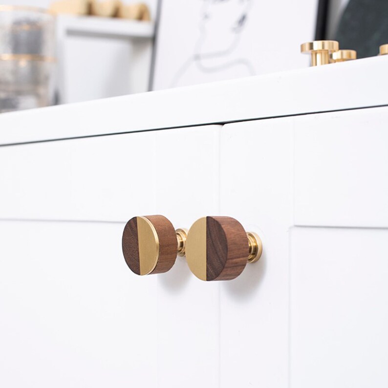 Knobs Walnut Wood and Brass Kitchen Knobs Etsy