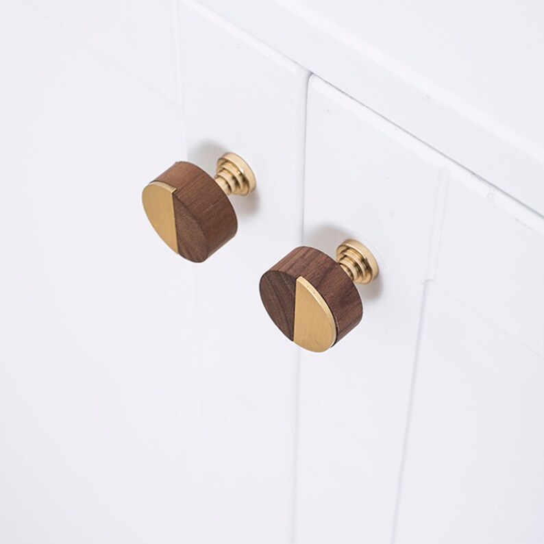 Knobs Walnut Wood and Brass Kitchen Knobs Etsy