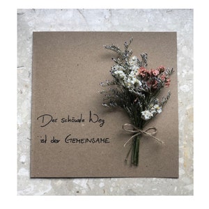Hochzeitskarte, Glückwunschkarte, Wünsche, personalisierte Karte, Kraftpapier, Besonderer Anlass, Trockenblumen, quadratische Klappkarte