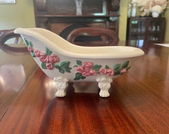 Vintage white and pink ceramic bathtub soap dish with roses