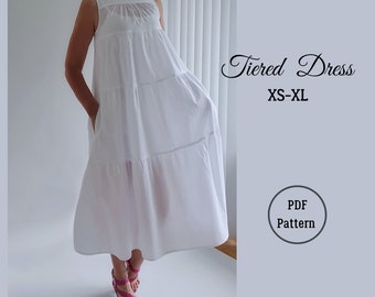 Tiered dress PDF pattern, A line dress, sundress, loose fit dress, video tutorial