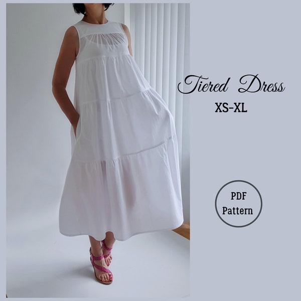 Tiered dress PDF pattern, A line dress, sundress, loose fit dress, video tutorial