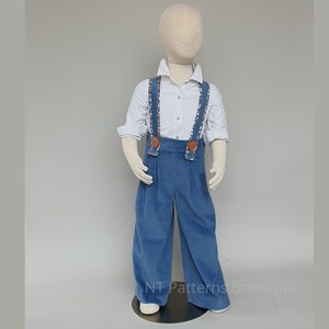 May include: A blue corduroy pants with a white button-up shirt and floral patterned suspenders. The pants have pleats and are worn by a mannequin. The text "NT Patterns Boutique" is visible at the bottom of the image.
