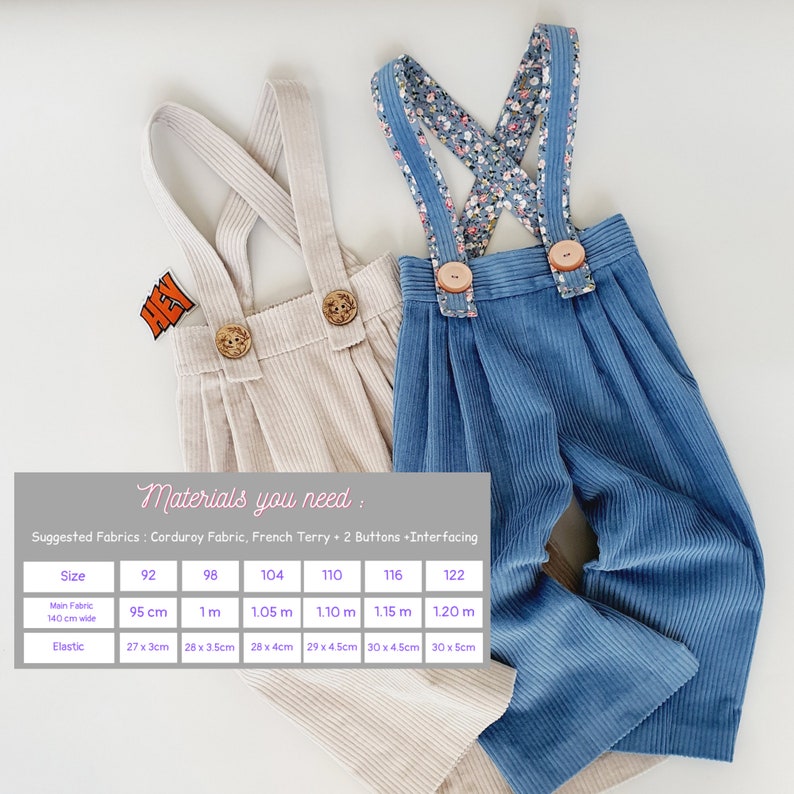 May include: A chart with fabric and elastic measurements for making overalls in sizes 92 to 122 cm. The chart lists the amount of fabric needed for the main fabric and elastic, in centimeters and meters. The image also shows two pairs of overalls, one in beige corduroy and one in blue corduroy.